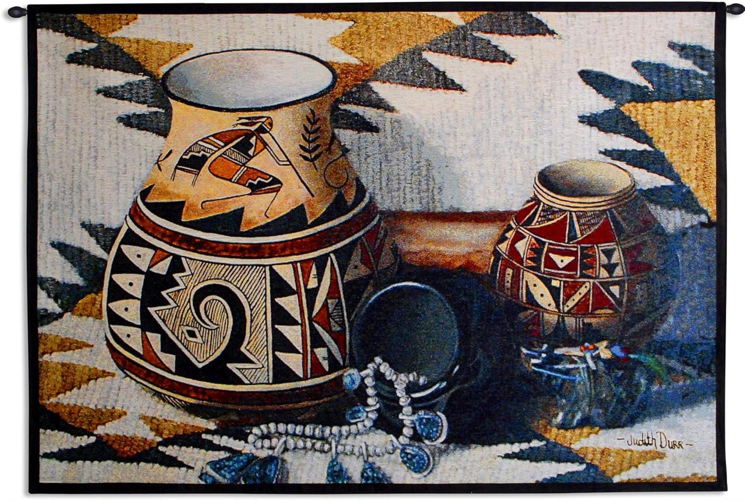 Kokopelli Pot by Judith Durr | Woven Tapestry Wall Art Hanging | Southwestern Pattern Native American Theme | 100% Cotton USA Size 52x35