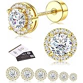 Moissanite Stud Earrings with Flat Back - 925 Sterling Silver D Color VVS1 Moissanite Earring for Women Men,14K White Gold Plated Brilliant Halo Stud Earrings Hypoallergenic Jewelry for Sensitive Ear