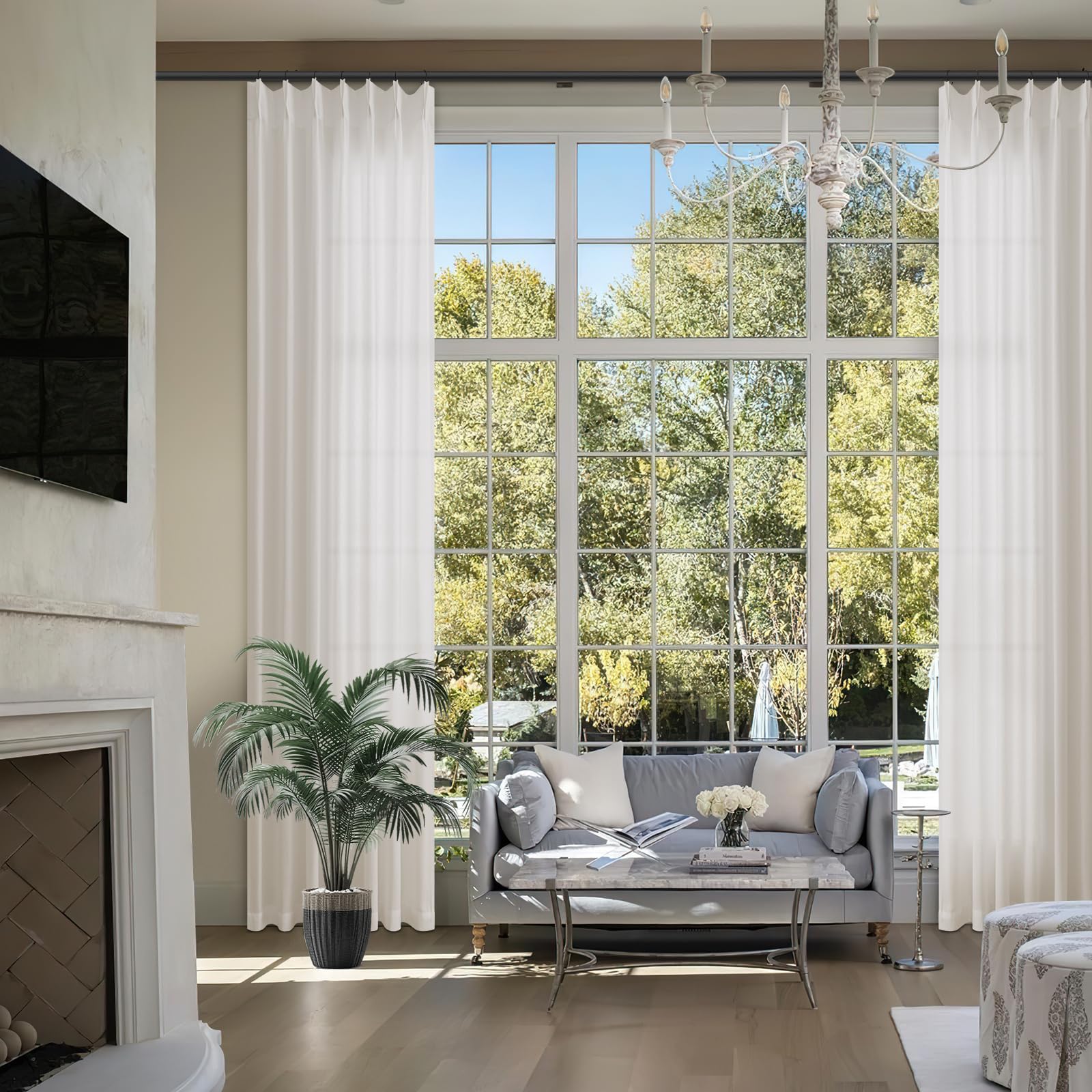 Photo 1 of Extra Long Pinch Pleated Natural Cream Linen Curtains 144 Inches Long for Living Room High Ceiling Bedroom Light Filtering Semi Sheer Pinch Pleat Hooks Rings Back Tab Window Curtains 40x144 1 Panel