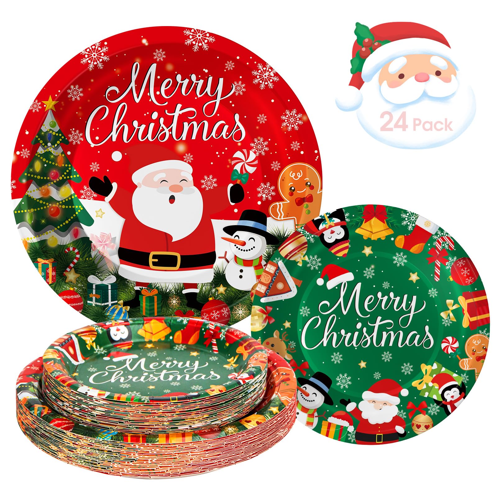 Photo 1 of 24 Pcs Merry Christmas Paper Plates - Cute Round Christmas Plates, Santa Claus Snowmen Dinner Dessert Plate Disposable Dinnerware Set for Winter Holiday Xmas Party Table Decorations Supplies Favors