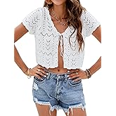 Women's Summer Short Sleeve Crochet Shrug Tie Front Open Knit Cropped Cardigan Lightweight Bolero Sweater Cover Up