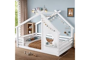 Bellemave Full House Bed for Kids with Full-Length Guardrails & Slats, Wood Montessori Floor Bed Frame with Window & Shelf, Full Size Floor Bed for Bedroom, No Box Spring Needed, White