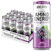 Optimum Nutrition Amino Energy Hydration Drink, Grape, 12 Ct | 12 Fl Oz On The Go Sparkling Hydration Drink with Electrolytes and BCAAs, Zero Sugar, 100mg Caffeine Per Serving, 12-Pack