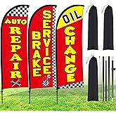 Buryeah 3 Set Feather Flags Pole Kit, Auto Repair, Brake Service, Oil Change Swooper Flag with Pole Ground Stake and Bag 7 ft Feather Banner Flag for Advertising Outside Ground(Red)