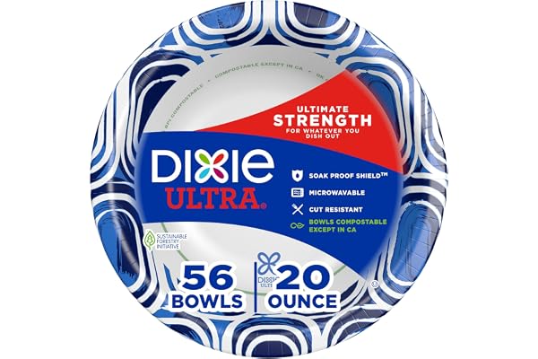 Dixie Ultra, Large Paper Bowls, 20 Oz, 56 Count, Microwave Safe, Compostable, Disposable Bowls Great For Breakfast, Lunch, And Dinner Meals