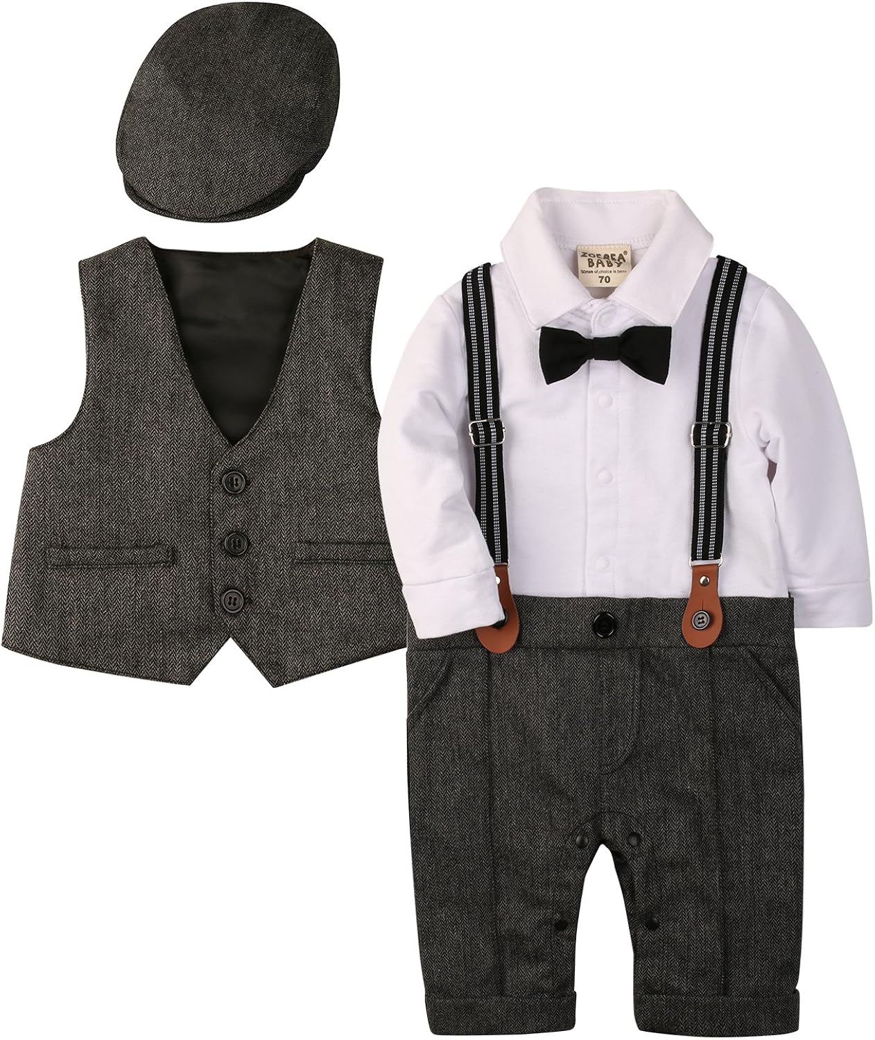 ZOEREA Baby Boy Outfits Set, 3pcs Long Sleeves Gentleman Jumpsuit & Vest Coat & Berets Hat with Bow Tie: Clothing