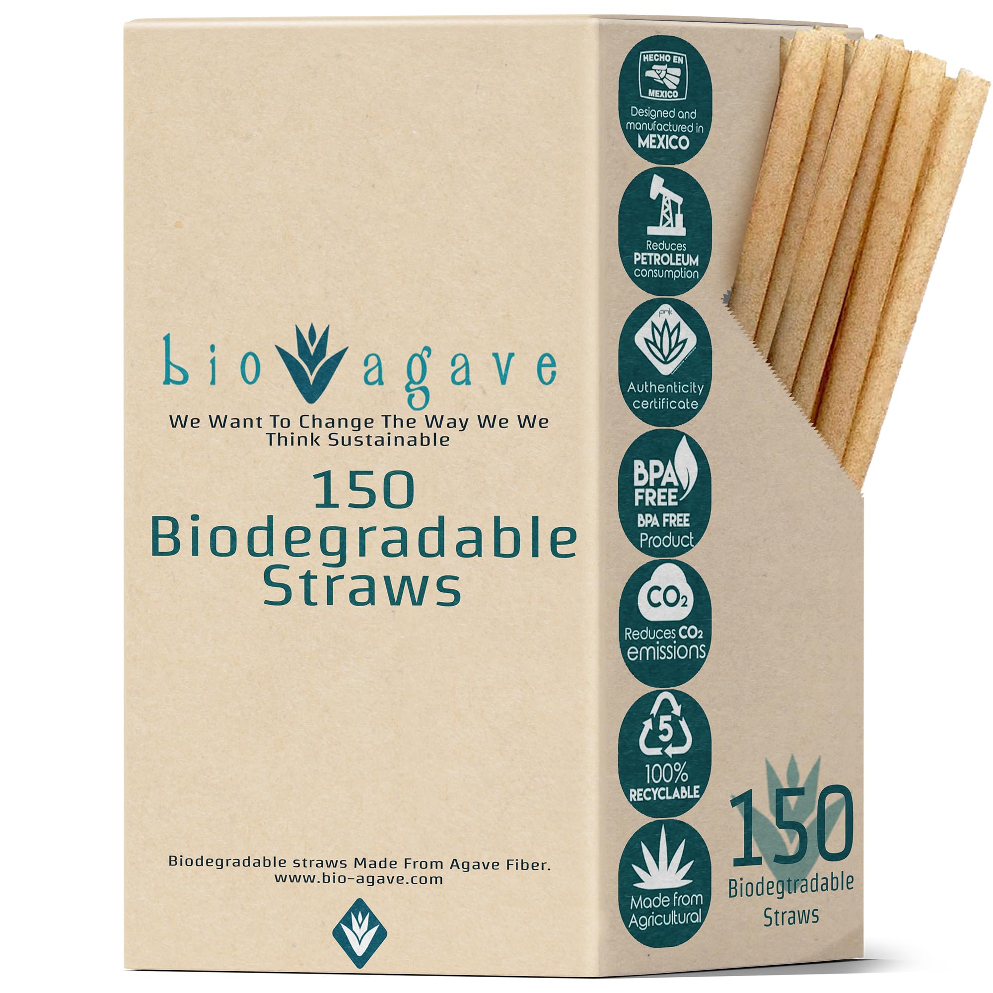 BIO AGAVE Biodegradable 8.25" Standard Straws 150 Pcs | Plant-Based Eco-Friendly Products | Drinking Straws | Agave Straws & Reusable Straws - Plastic-Free | Compatible with all lid