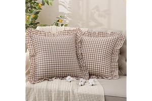 YHJWW Tan Gingham Throw Pillow Covers 100% Washed Cotton Like Linen Feel Soft Comfy Ruffle Farmhouse Fall Decorative Pillow Cases Sham Set of 2 for Couch Sofa Bed (20x20 Inches, Zipper Closure)