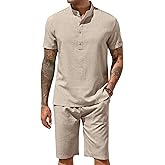 COOFANDY Men's 2 Pieces Set Short Sleeve Henley Shirts and Shorts Pants Texture Summer Beach Vacation Outfits