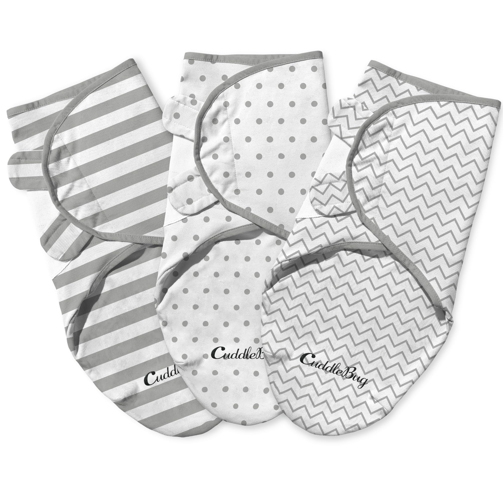 CuddleBug Swaddles for Newborns (3-Pack) - 100% Cotton Velcro Baby Swaddles 0-3 Months, Machine Washable Newborn Sleep Sacks, Snug Baby Swaddle Blanket (Spots & Stripes)