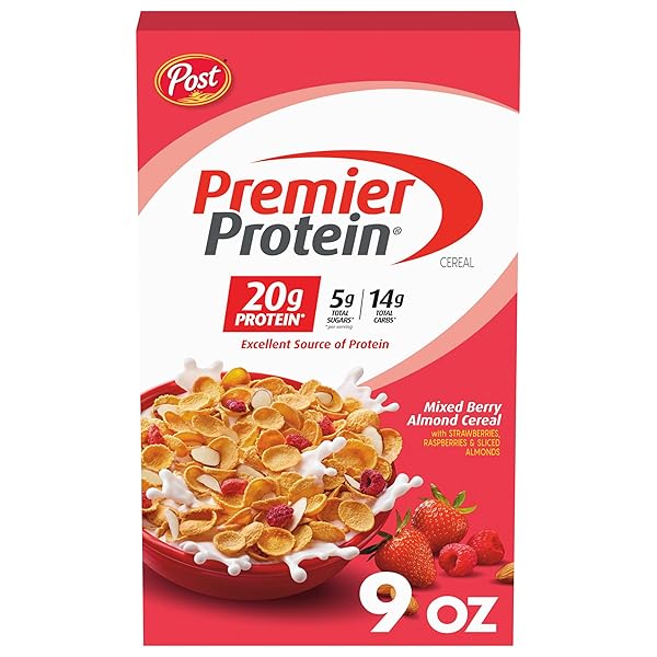 POST PREMIER PROTEIN MIXED BERRY ALMOND CEREAL, PROTEIN CEREAL FLAKES MIXED WITH DRIED BERRIES AND SLICED ALMONDS, CONTAINS 20G OF PROTEIN PER SERVING, 9 OZ BOX