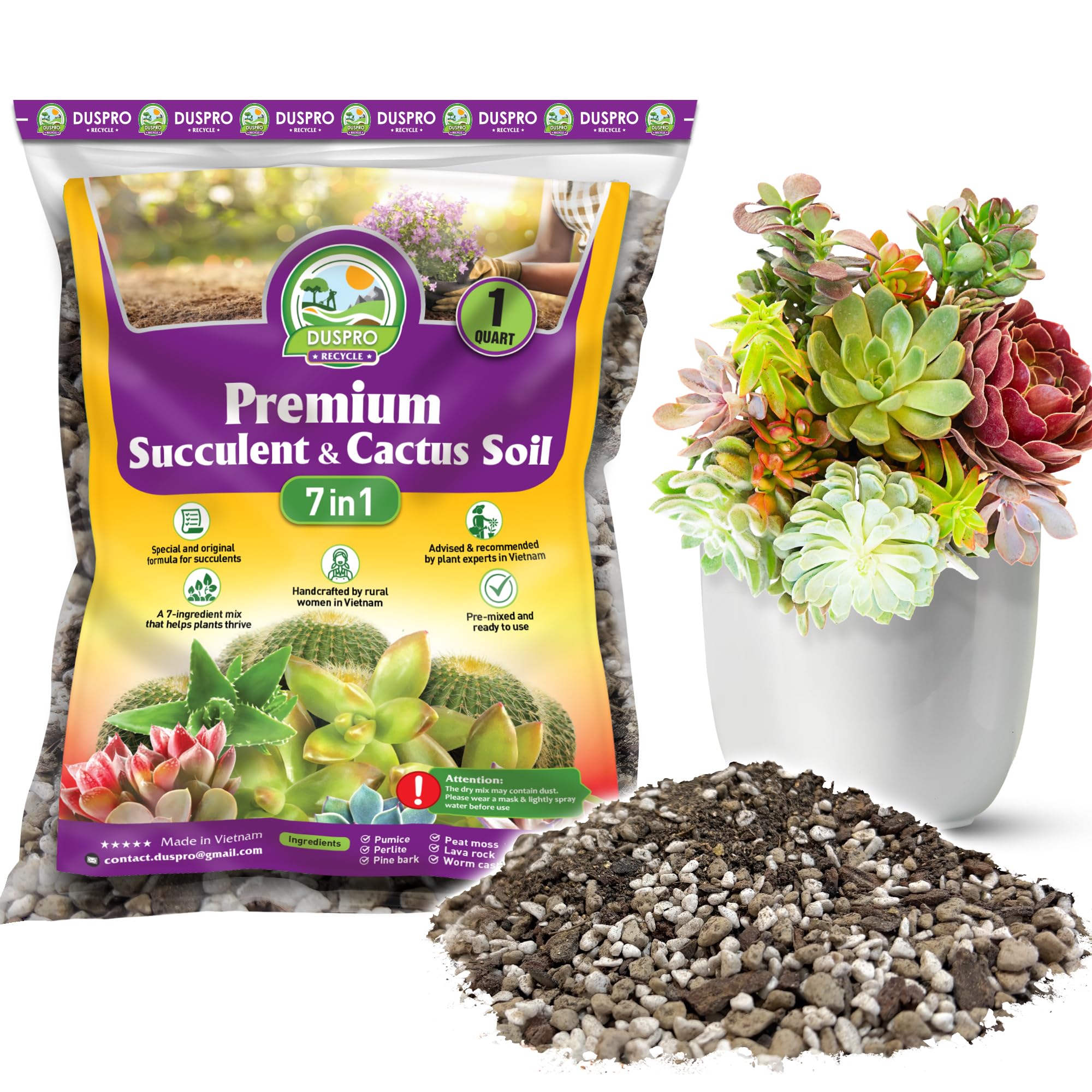Photo 1 of DUSPRO Succulents Soil Potting Mix – 7 in 1 Ingredients Well-Draining, Nutrient-Rich Cactus Potting Soil for Succulents and Cacti, Indoor & Outdoor Use, Ready to Use, Supports Healthy Root Growth, 1QT