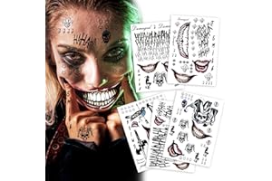 KOTBS 5 Sheets Cosplay Clown Prince JOKAR Temporary Tattoos – Large Tattoo Stickers for Men, Women, and Kids – Evil Smile and Jester-themed Fake Tattoos for Cosplay, Halloween, and Parties – 8.2 x 11.6 Inch