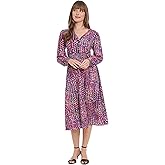London Times Women's Long Sleeve V-Neck Midi Elastic Waist Flowy Skirt-Versatile Cocktail Wedding Guest Dress
