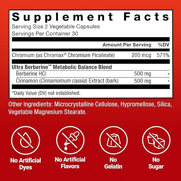 FORCE FACTOR ULTRA BERBERINE, BERBERINE SUPPLEMENT WITH 500MG BERBERINE HCL PLUS CHROMIUM & CINNAMON BARK EXTRACT TO SUPPORT METABOLISM & DAILY WELLNESS, NON-GMO, GLUTEN FREE, 60 VEGETABLE CAPSULES
