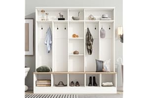 LUMISOL Wide Entryway Hall Tree with Shelves and 8 Hooks, 66.9" Shoe Cabinet with Storage Bench, Hallway Coat Rack with Cube Storage and Shelves for Entrance Mudroom, White