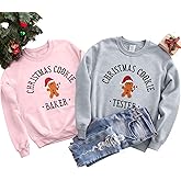 LOTUCY Christmas Couples Matching Sweatshirt Embroidered Gingerbread Baker and Tester Pullover Tops Xmas Couple Outfits