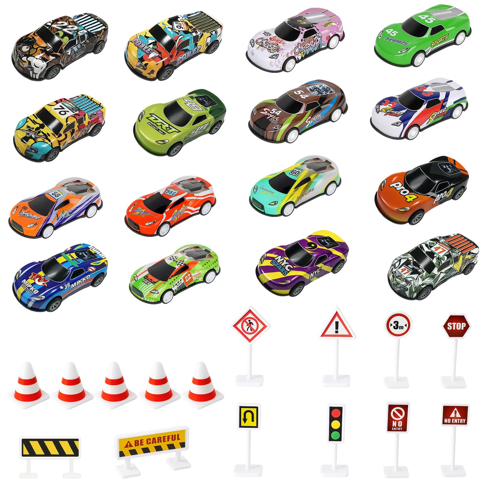 31 Pcs Pull Back Carspull Back Cars Sets, 16 Mini Toy Cars With 15 Road Signs, Educational Play Set For Kids Ages 3-8, Durable Travel Toys For Boys And Girls, Ideal For Birthday Gifts And Party Favors