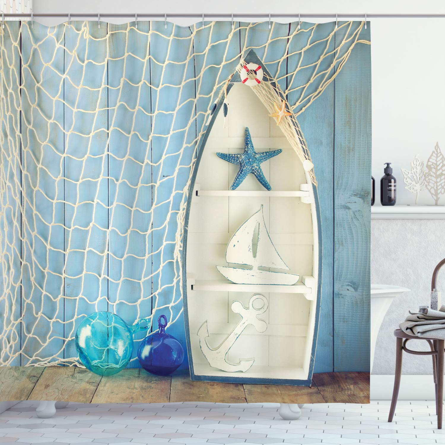 ABAKUHAUS Nautical Shower Curtain, Sea Objects on Wooden Backdrop Vintage Boat Starfish Shell Fishing Net Photo, Cloth Fabric Bathroom Decor Set with Hooks, 175 x 200 cm, Blue