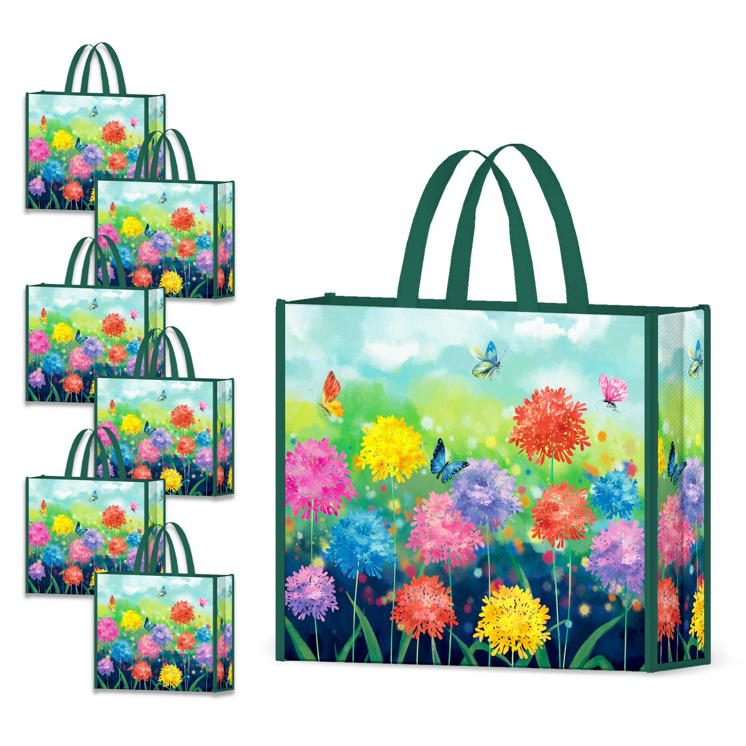 NymphFable 6 Pack Grocery Bags Reusable Butterflies Colorful Flowers Shopping Bags Washable Foldable Large Tote Bag