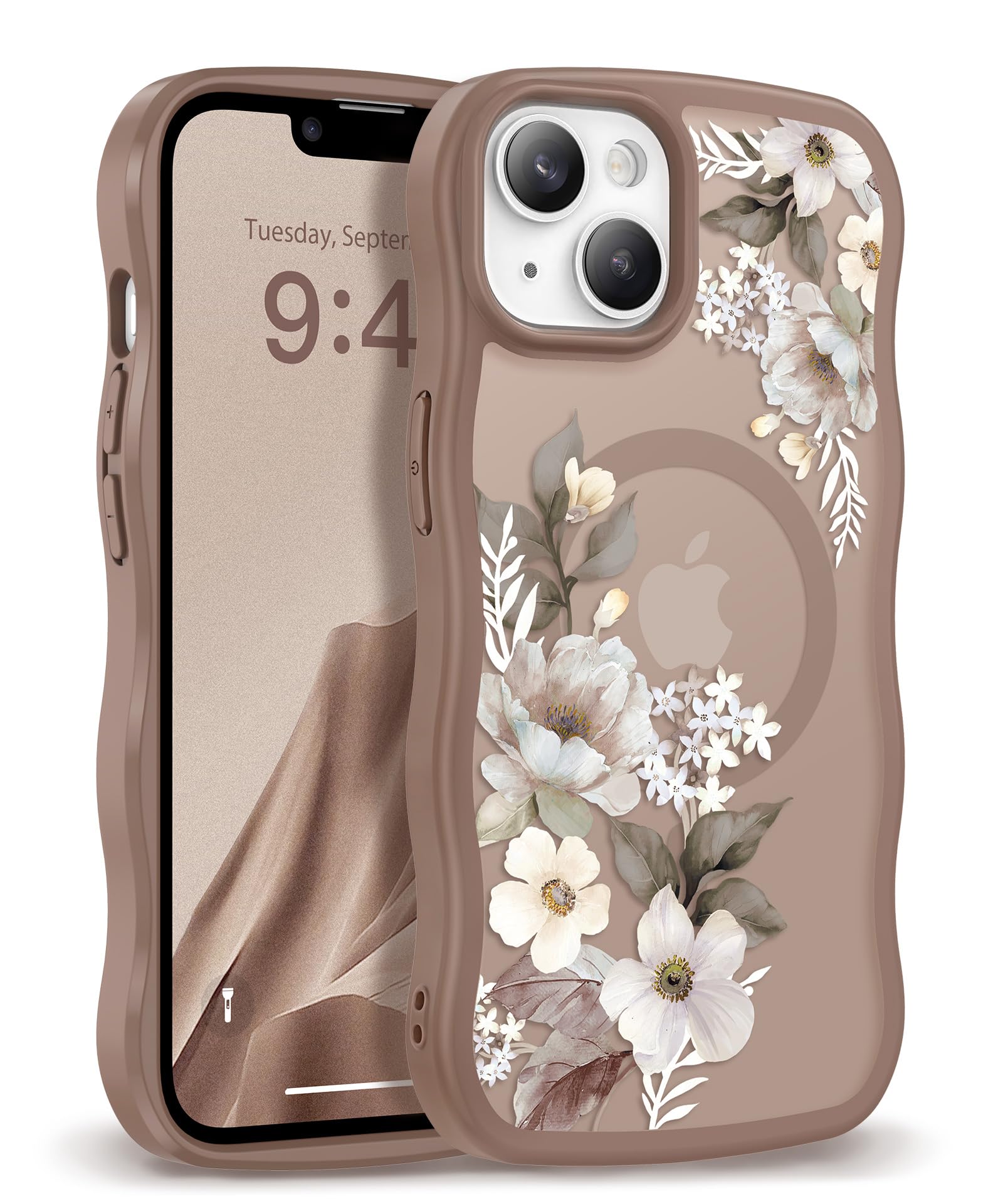 GVIEWIN Cute for iPhone 14 Case & iPhone 13 Case [Compatible with MagSafe] [Curly Wave Edge] Floral Translucent Magnetic Shockproof Protective Phone Cover for iPhone 14/13 6.1'', Delphinium/Brown