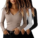 Ficerd 3 Pack Women's Long Sleeve T Shirts Cotton V Neck Slim Fit Tops Ribbed Knit Layering Casual Basic Tees Fall
