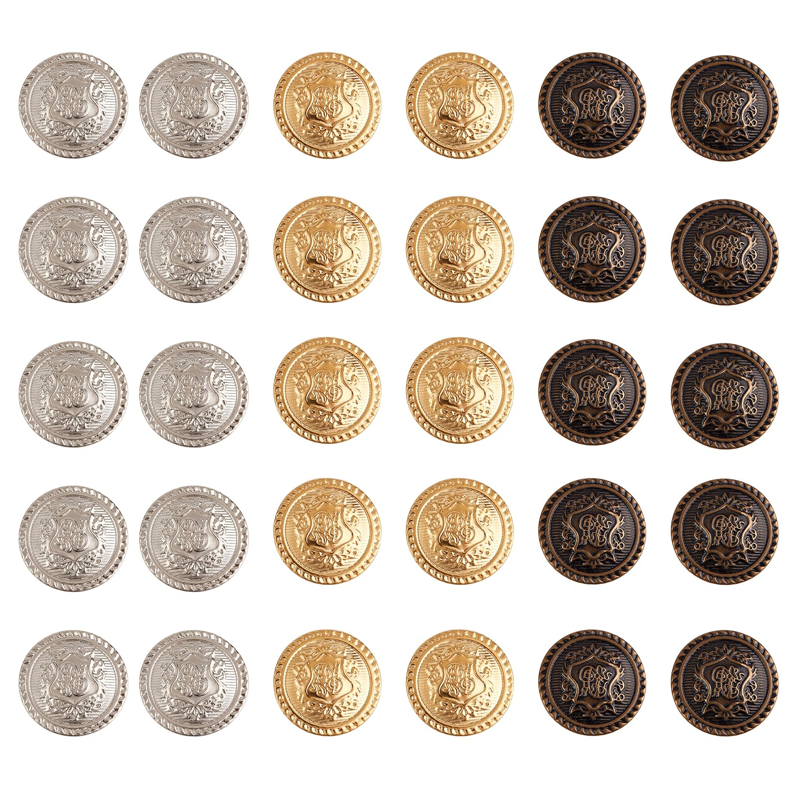 NICENEEDED 30 Pcs Vintage Blazer Buttons, Metal Shank Buttons, 20MM Metal Badge Button Antique Gold and Sliver Sewing Buttons Set for Blazer Suits Coats Uniform and Jacket