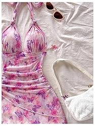 BEAUDRM Women's Floral Print Sleeveless Halter Deep
