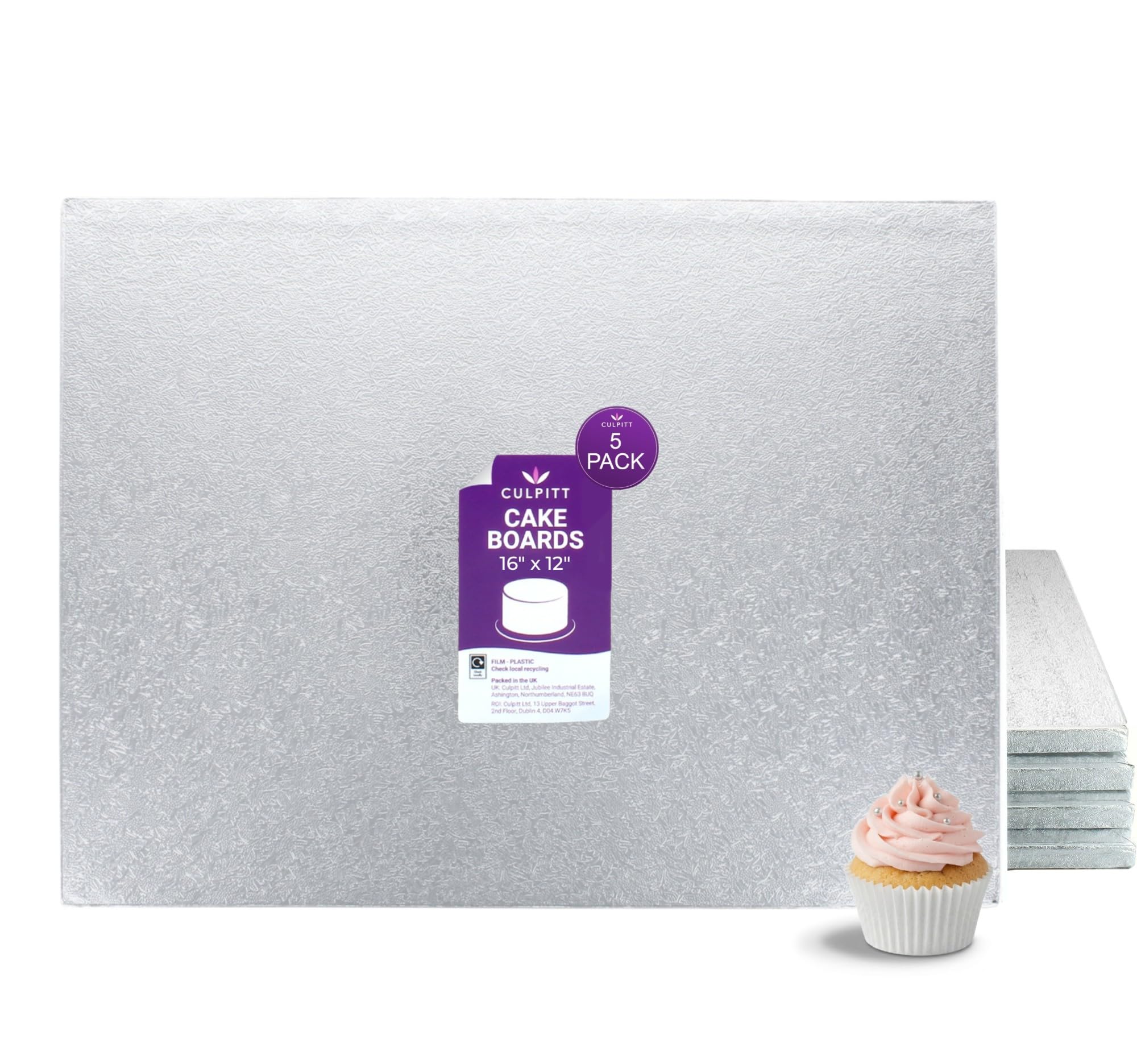 Culpitt 16" x 12" Cake Board | 5 Pack | Oblong Cake Drum, Rectangular, 0.5 Inch (13mm) Thick, Pack of 5 Boards For Tray Bakes, Cakes, And Cupcake Displays | Silver - Pack Of 5 — image 1