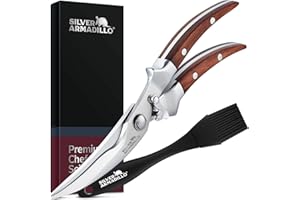 SILVER ARMADILLO Heavy Duty Poultry Shears | Food Grade Stainless Steel Scissors for Bone, Chicken, Meat, Fish, Seafood, Vegetables | Anti-Rust Ergonomic Spring Loaded Food SHEAR | Built-In Lock |(Brown Wood Handles)