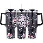 TIKMODERN Skull Tumbler Gothic Skulls Gifts for Women - 40oz Gothic Skull Tumbler with Handle - Christmas Birthday Present with Lid and Straw for Skulls Lovers