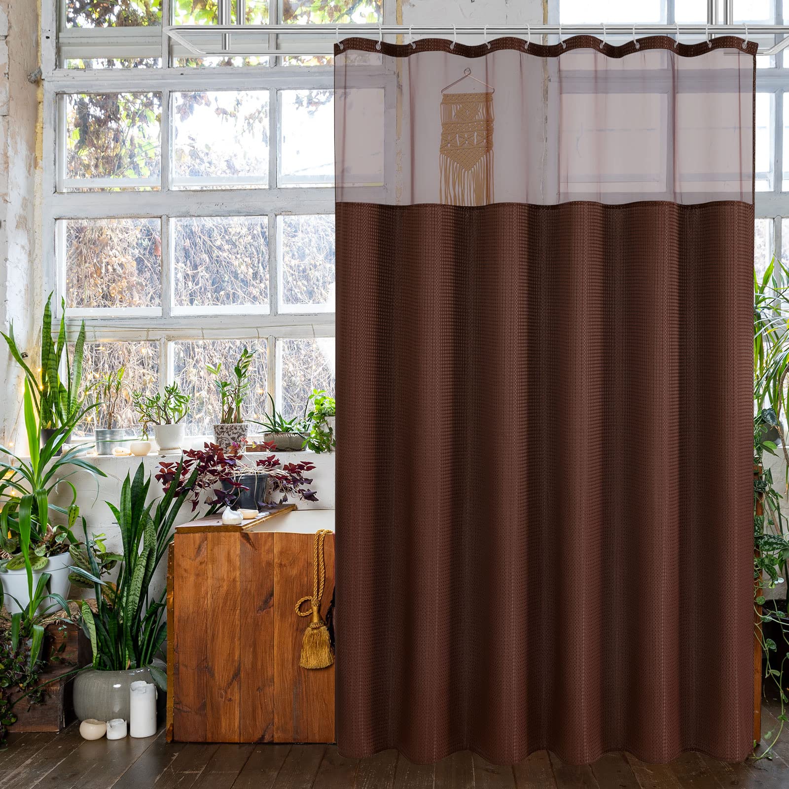 Gibelle Waffle Weave Shower Curtain with Mesh Top
