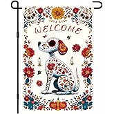 BlissYard Halloween Fall Garden Flag 12x18 Inch Welcome Sugar Skull Dog Outdoor Flag Double Sided Day of the Dead Puppy Yard Banner with Floral s and Marigolds for Porch Lawn Patio