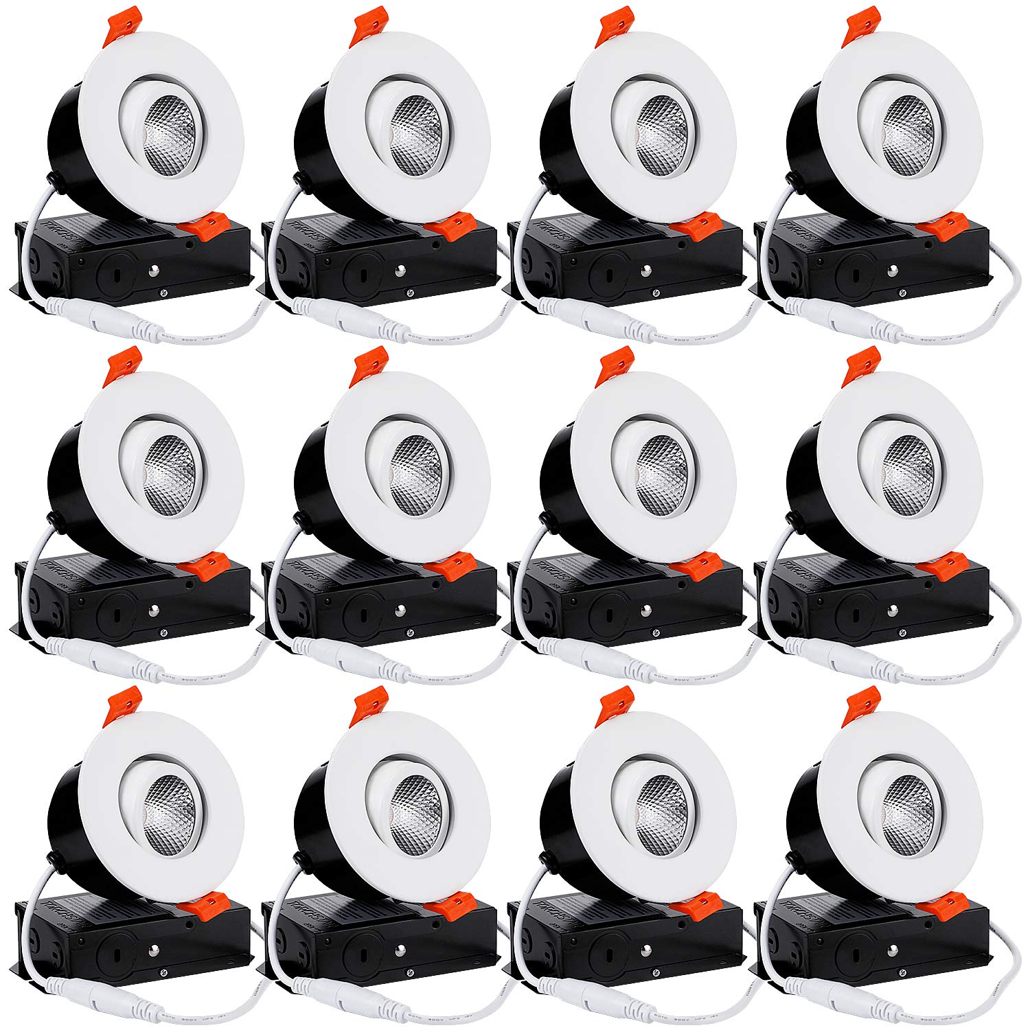 TORCHSTAR12-Pack 3 Inch Gimbal LED Recessed Light with Junction Box, 7W CRI90+ Dimmable Adjustable Eyeball Canless LED Downlight, 4000K Cool White, Airtight IC, ETL