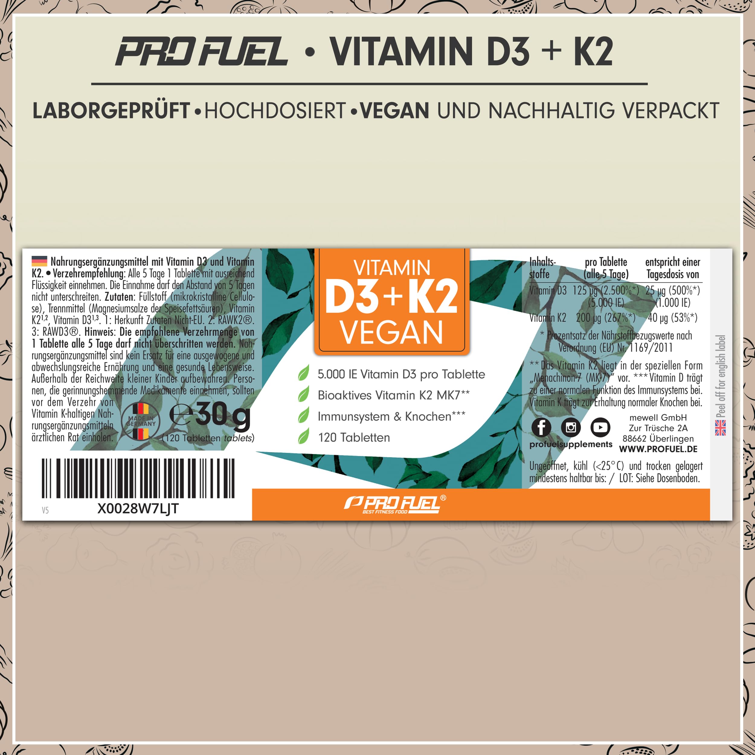 Vitamin D3 K2 VEGAN - 120 Tabletten mit 5000 IE D3 + 200 mcg K2 (MK7) - Vitamin D3 optimal hochdosiert und vegan - reicht für 19 Monate - laborgeprüft mit Zertifikat 6