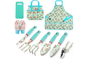 Garden Tools Set, JUMPHIGH 10 PCS Heavy Duty Gardening Tools Includes Hand Trowel Rake Weeder Pruner, Gardening Gifts for Women, Garden Kit with Tote Bag, Apron, Gloves, Kneeling Pad
