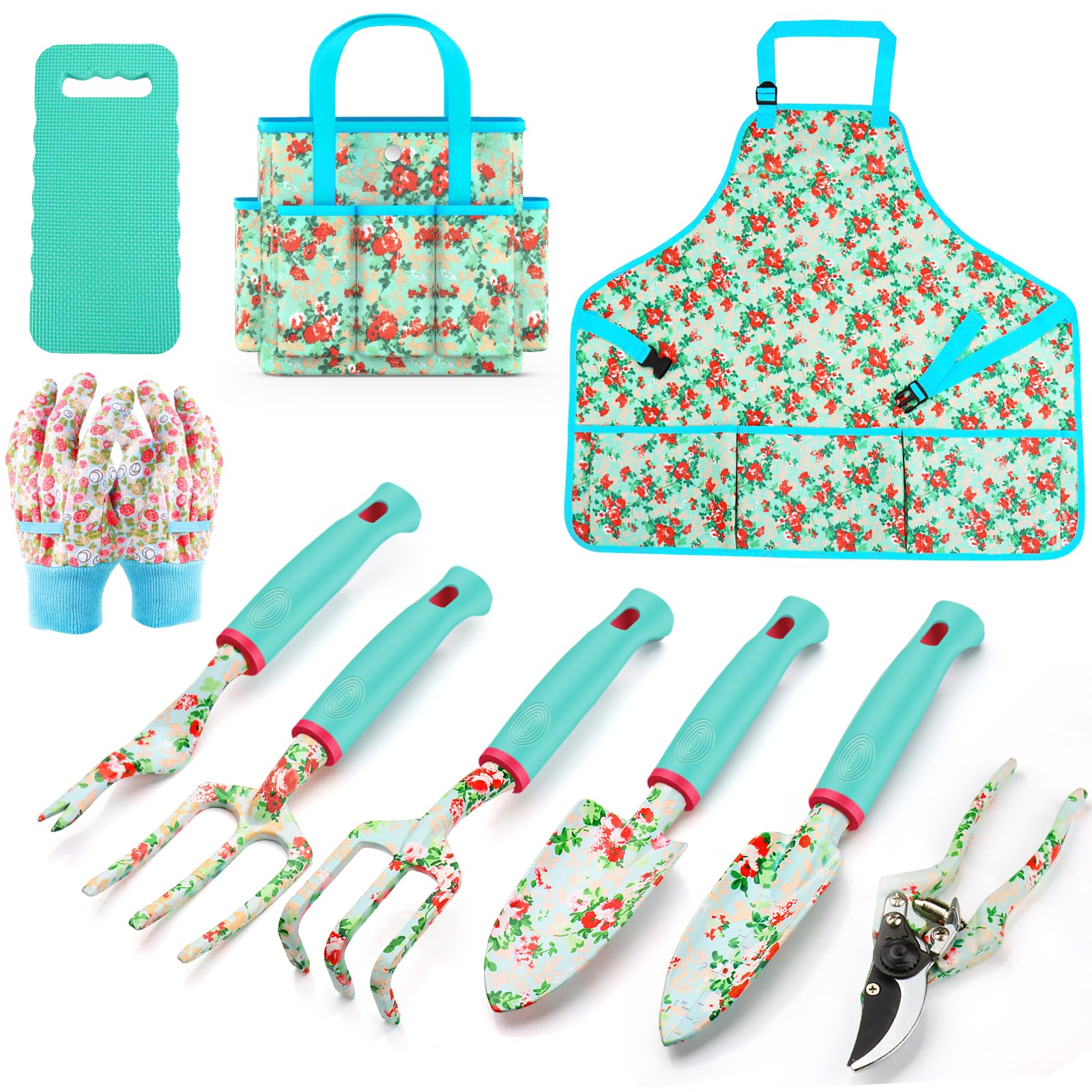 Garden Tools Set WANCHI 10 Piece Heavy Duty Floral Garden Tool Set Gardening Gifts for Women Men Birthday Rust-Proof Aluminum Garden Hand Tools Gardening Kit with Tote Bag Apron Glove Image
