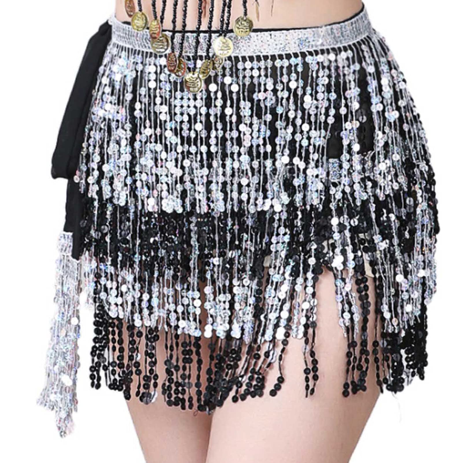 Larancie Sequin Skirt Tassel Belly Dance Hip Skirt Scarf Sequin Wrap Party Rave Skirt Club Mini Waist Skirt for Women and Girls Belly Dancer Christmas Costumes (Silver Black)
