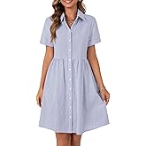 Rooscier Women's Striped Shirt Dress Button Down Collared Short Sleeve Mini Dress