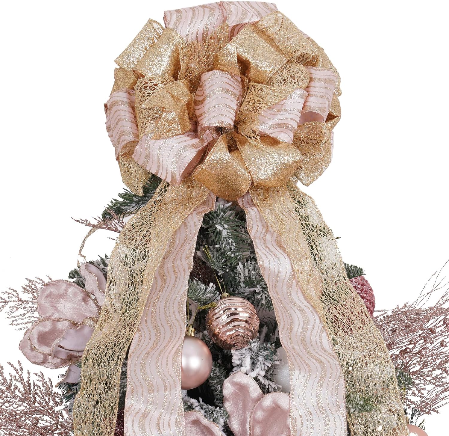 Tree Toppers - Christmas Tree Topper, 32x12 inch Large Toppers Single Sided Bow with Glitter Satin Mesh Streamer, Rose Gold Christmas Tree Topper for Christmas Home Decoration (Rose Gold)
