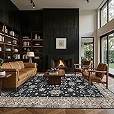 Rugxara 8x10 Area Rugs for Living Room, Large Washable Rug, Black Vintage Boho Rug, Non Slip & Low Pile Faux Wool Carpet for Indoor Dining Room, Bedroom and Farmhouse(Black 8x10ft)