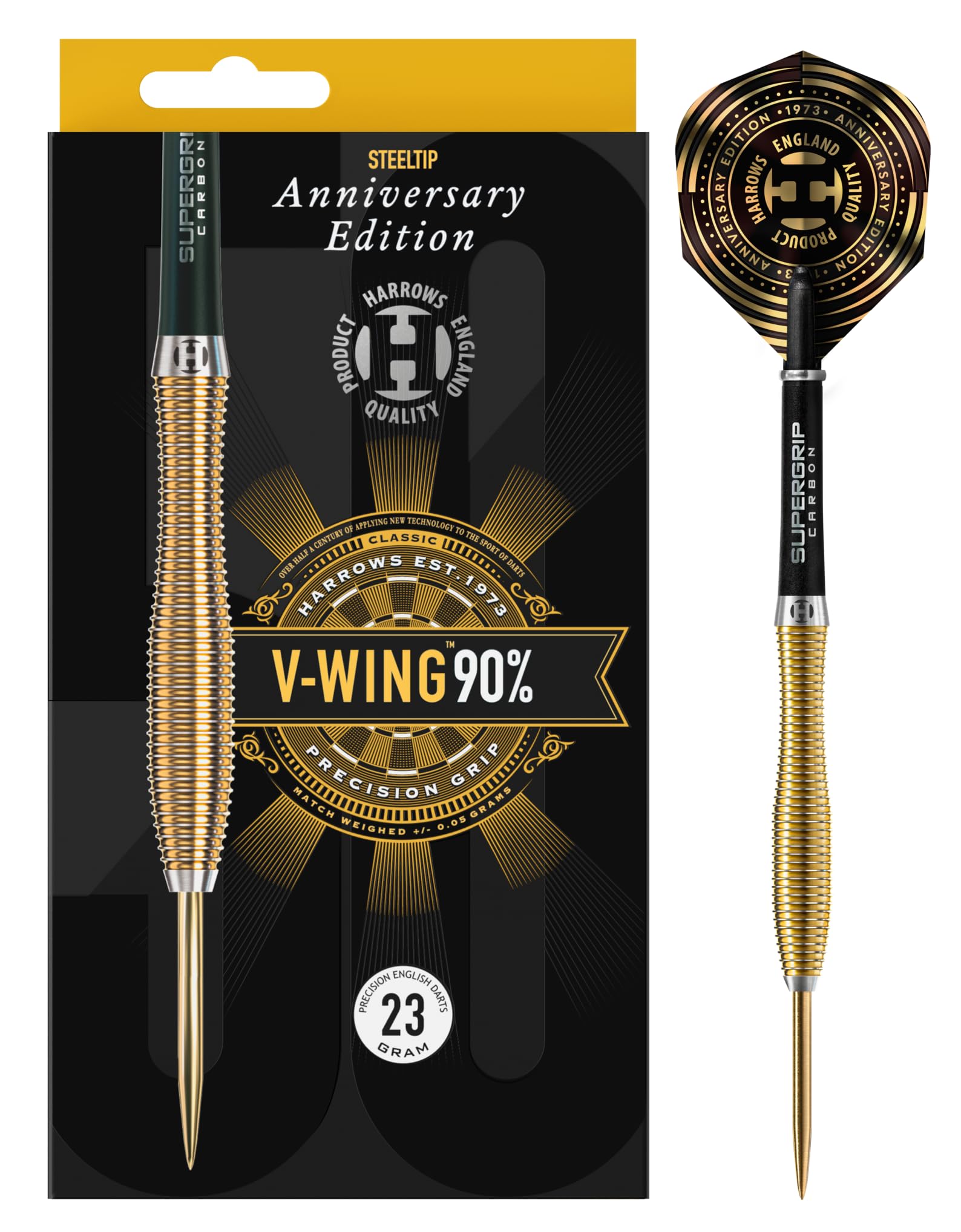 Harrows V-Wing 90% Tungsten Steel Tip Darts Set. Available in 21g, 23g, & 25g - Includes Curved 'V-Wing' barrel, Midi Supergrip Carbon shafts & New Anniversary 100 Micron Flights (25, Grams)
