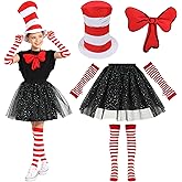 Webeasy Cat Costume Set for Kids and Adults, Include Red White Striped Top Hat, Bow Tie, Tutu Skirt, Socks and Gloves