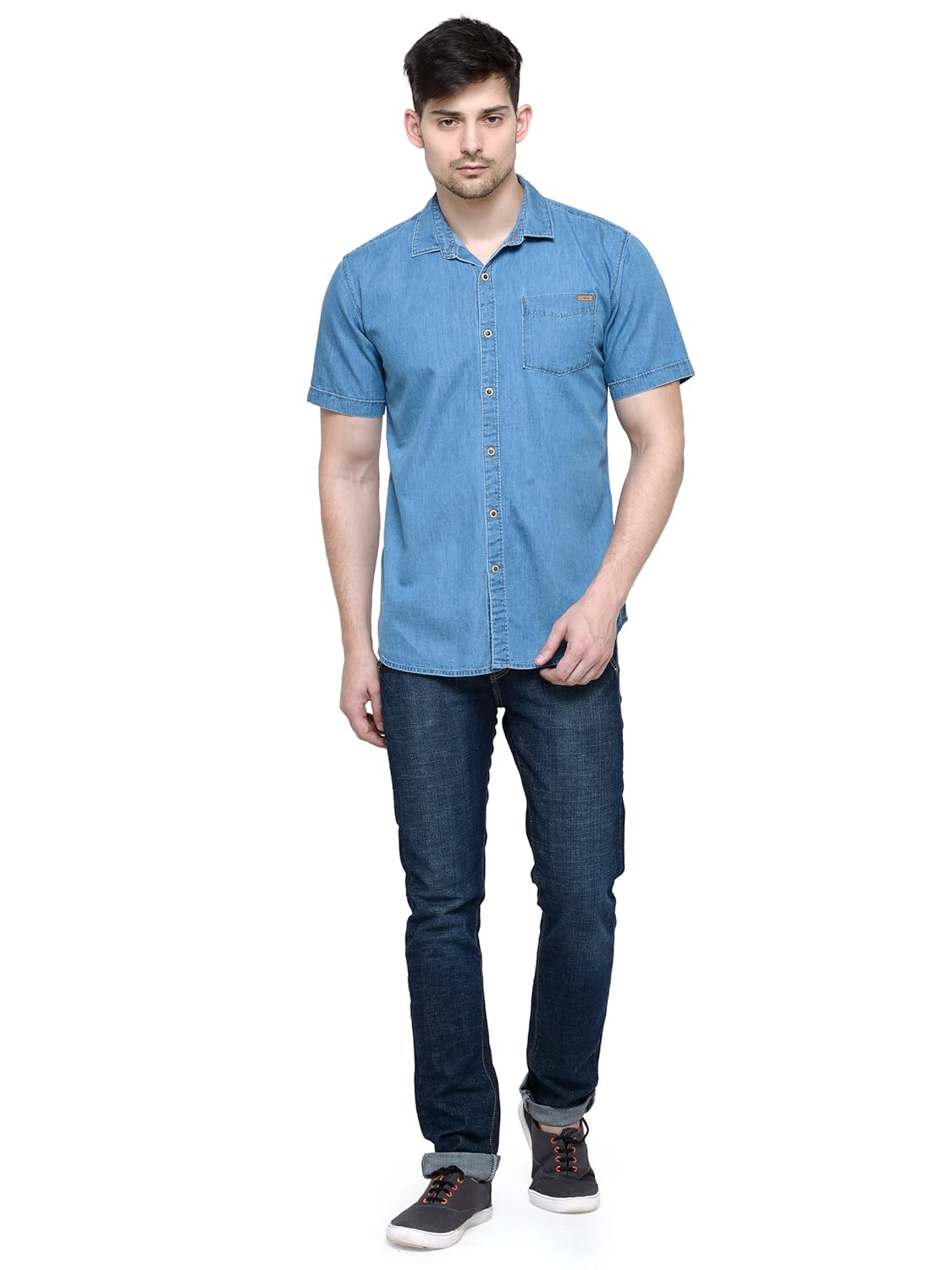 la seven blue solid half sleeves slimfit denim casual shirt