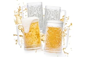 Fasmov Freezer Beer Mugs, 4 Pack Clear Double Wall Gel Frosty Ice Mugs with Gel, Plastic Beer Mugs with Handles for Freezer, 