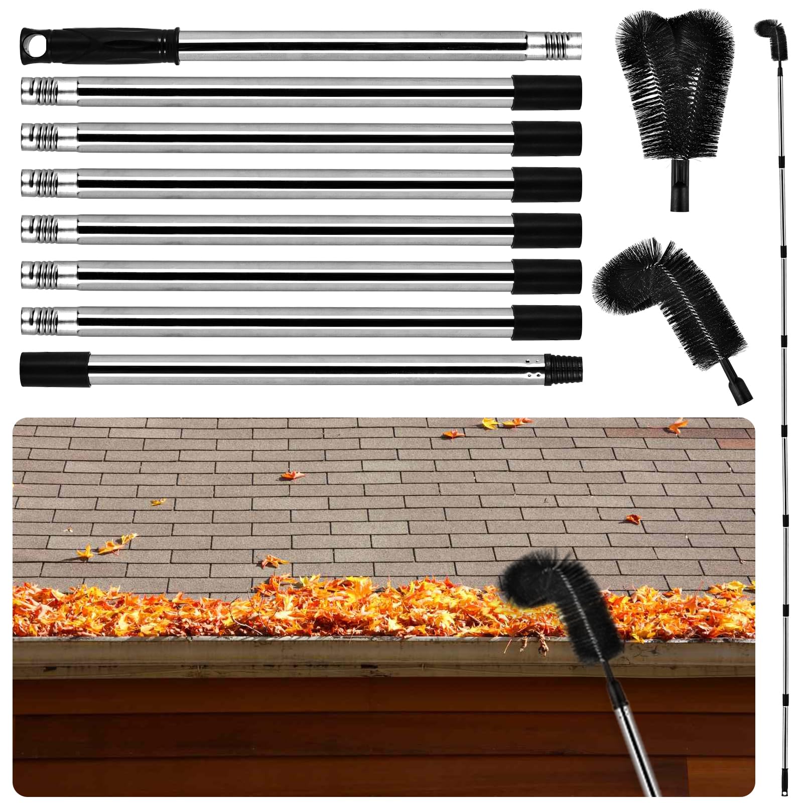 Photo 1 of 10.5FT Gutter Cleaning Tools from the Ground, Adjustable Long Handle Gutter Cleaner Include 8 Stainless Steel Telescoping Poles & 2 Gutter Cleaning Brush Easily Remove Leaves and Debris from Gutters