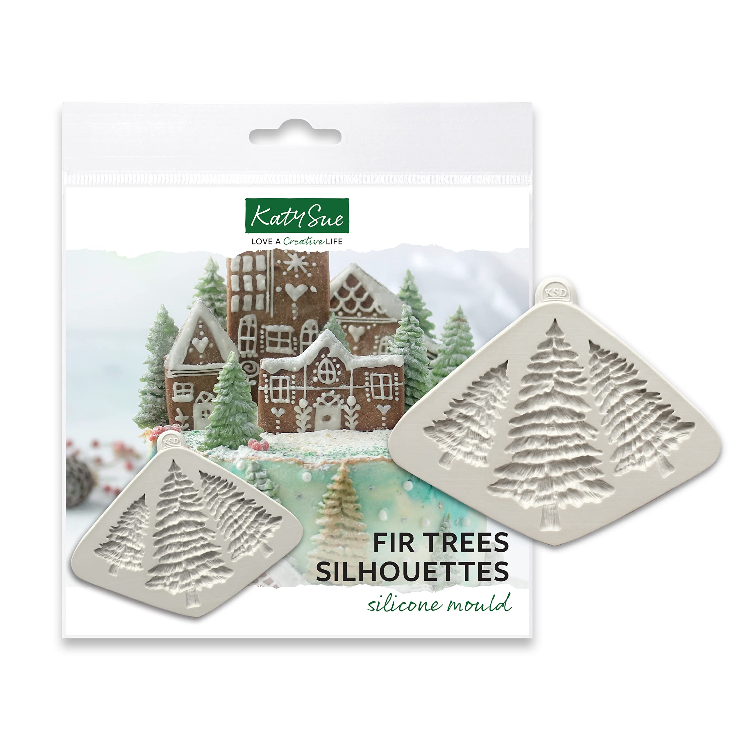 Katy Sue Fir Trees Silhouettes Silicone Mould for Christmas Cake Decorating & Craft. Makes 3 Sizes of Fir Tree: 80 x 50, 60 x 37, 48 x 30 Millimetres & Depth of 4 Millimetres for Fondant & Clay — image 1