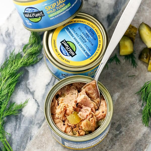 WILD PLANET WILD SKIPJACK TUNA WITH DILL PICKLE TINNED FISH, CANNED TUNA, SUSTAINABLY WILD-CAUGHT, 3 OZ PACK OF 1