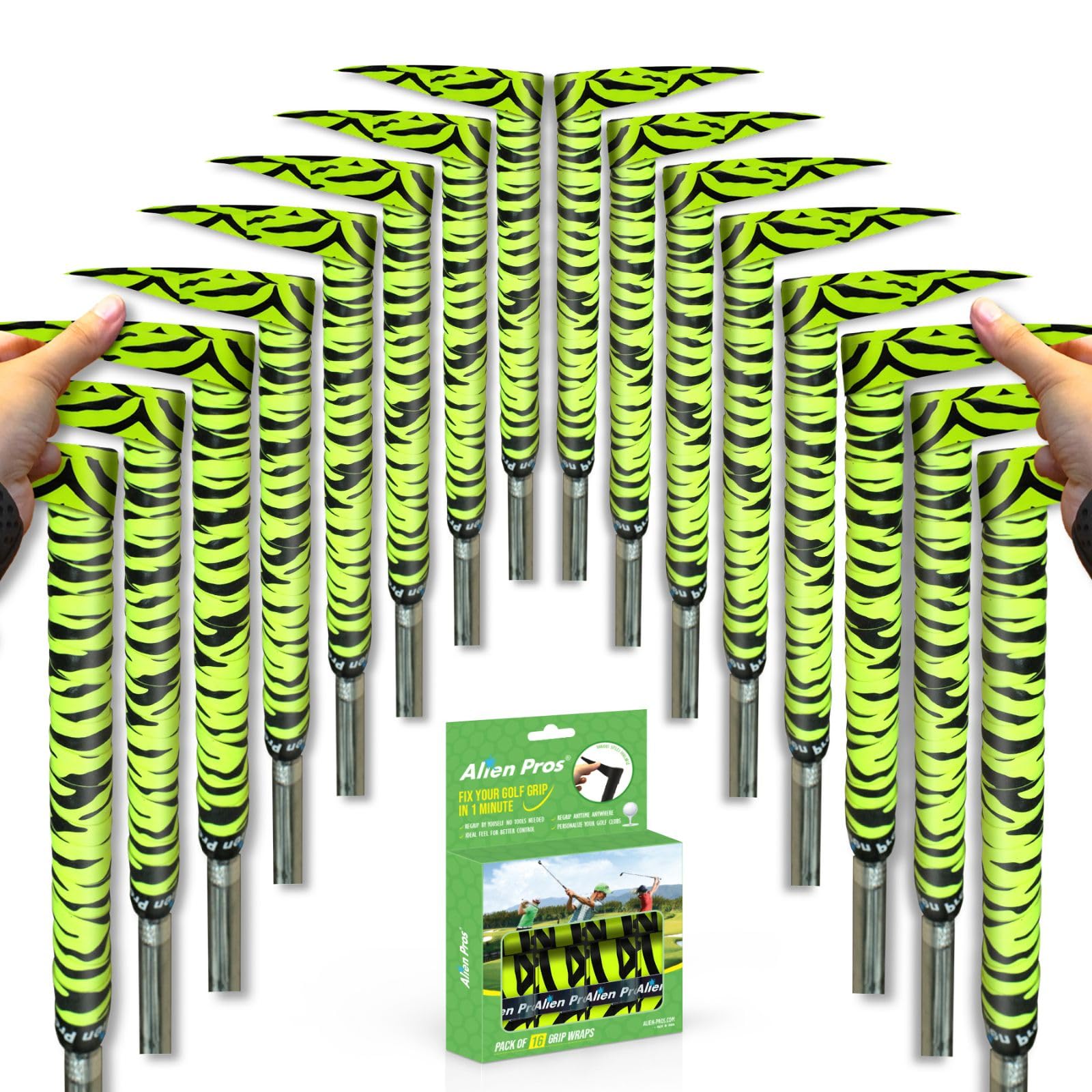 Alien Pros Golf Grip Wrapping Tapes (16-Pack) - Innovative Golf Club Grip Solution - Enjoy a Fresh New Grip Feel in Less Than 1 Minute (16-Pack, Neon Tiger)
