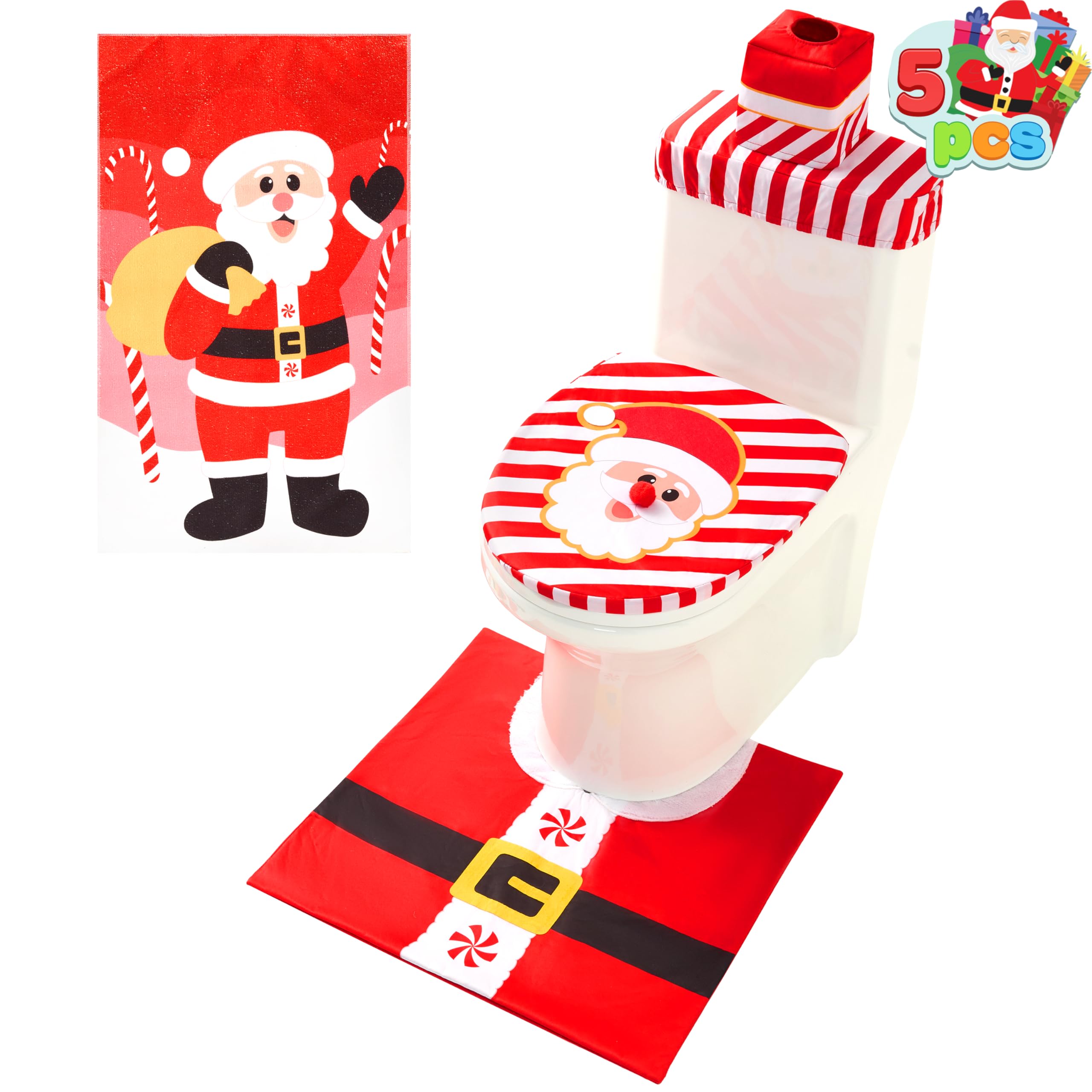 Photo 1 of ***POSSIBLY MISSING PIECES/ STYLE MAY DIFFER *** JOYIN 5 Pieces Christmas Santa Bathroom Decoration Set with Toilet Seat Cover, Tank Cover, Toilet Paper Cover , Xmas Bathroom Indoor Decor for Holiday Use Party Favors